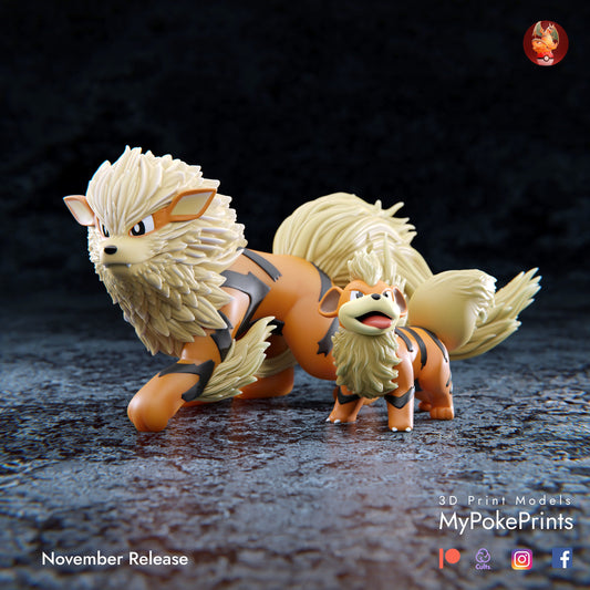 Growlithe and Arcanine Collectible Pokemon Statue - Décor for home or desk - Catch them all 3d Resin Print - Painted or Custom Gift~!