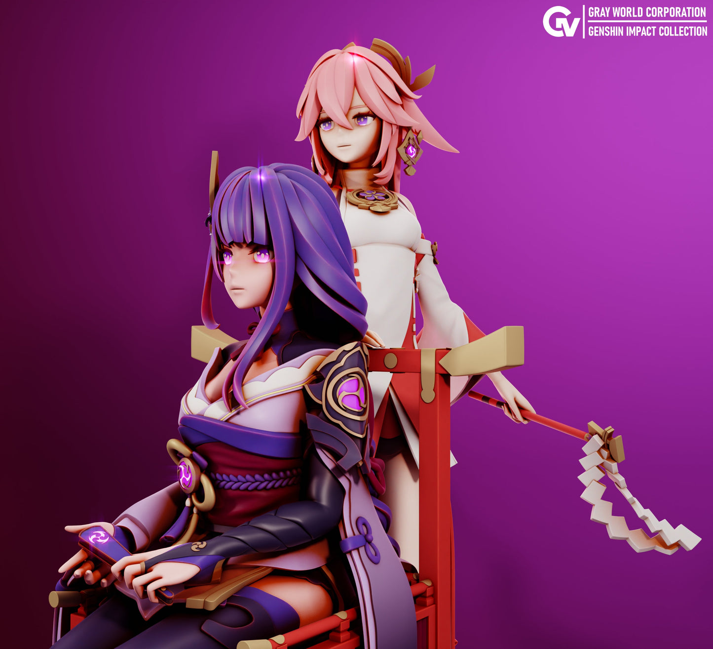 Yae Miko and Raiden from Genshin Impact - Collectible 3d printed statues - Perfect for Home Decor - DIY and Painted Versions Available!