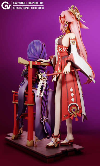 Yae Miko and Raiden from Genshin Impact - Collectible 3d printed statues - Perfect for Home Decor - DIY and Painted Versions Available!