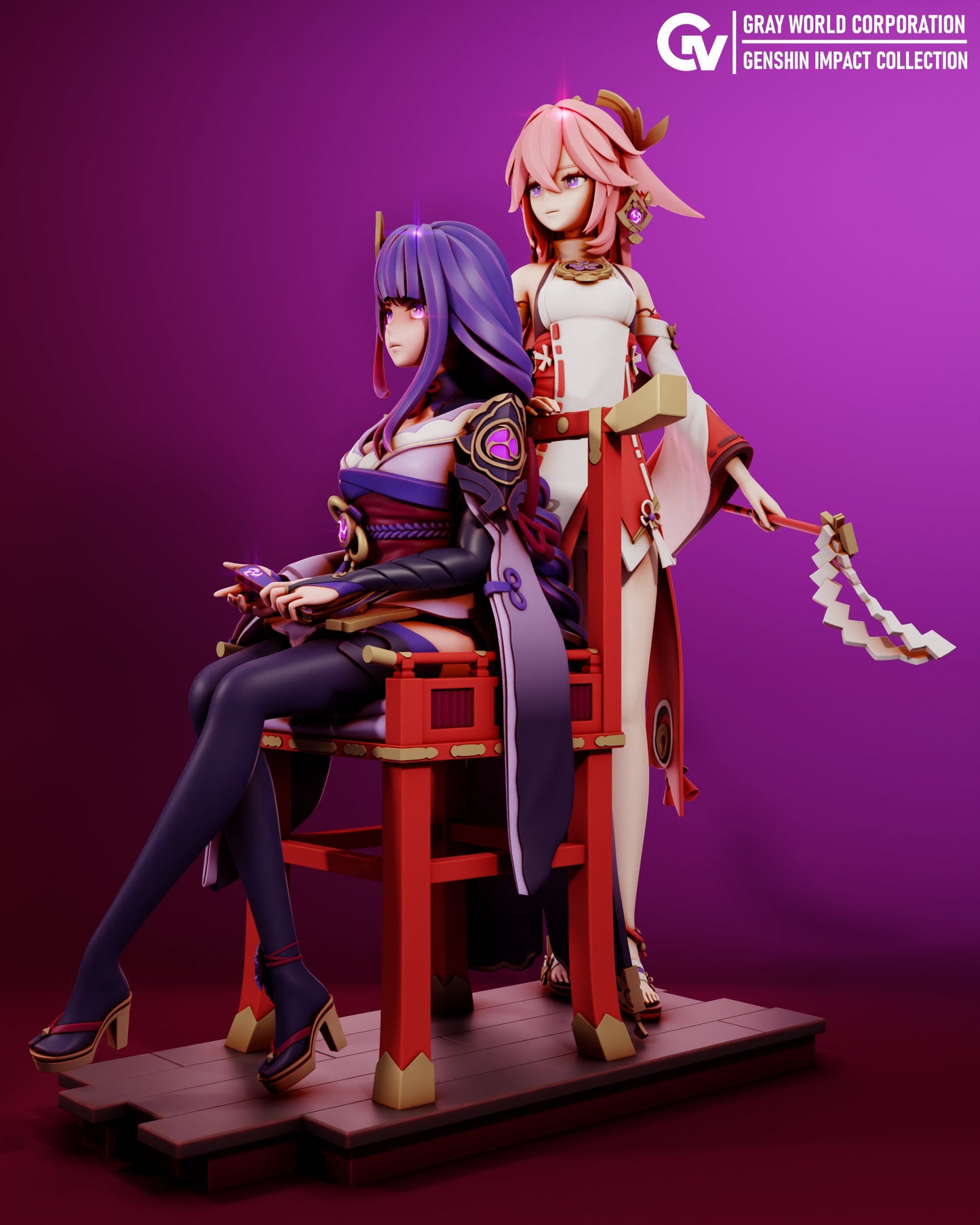 Yae Miko and Raiden from Genshin Impact - Collectible 3d printed statues - Perfect for Home Decor - DIY and Painted Versions Available!