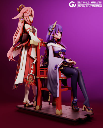 Yae Miko and Raiden from Genshin Impact - Collectible 3d printed statues - Perfect for Home Decor - DIY and Painted Versions Available!