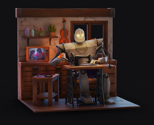 Iron Giant Sewing Diorama - Unique Resin Collectible - Fully Painted Statue or DIY Kit - Office, Home or Gaming Room Deco